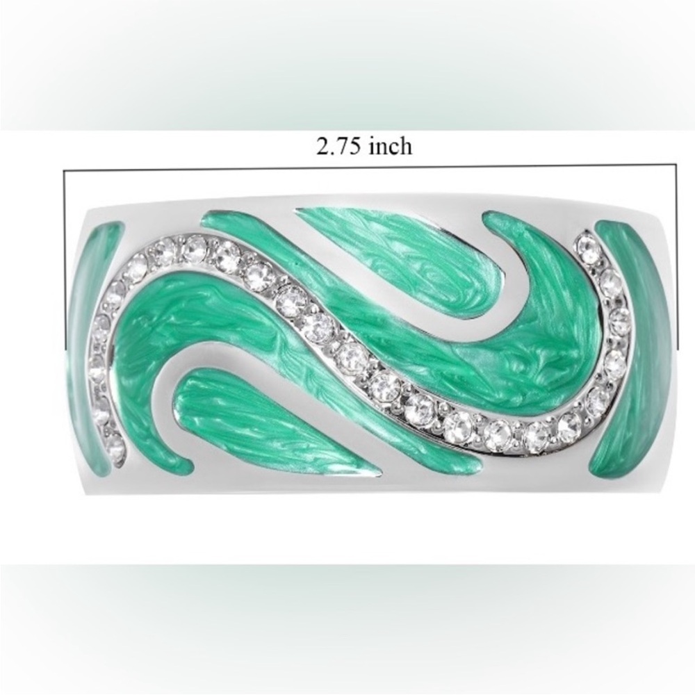 Silvertone Green Enameled Bangle Bracelet with White Austrian Crystals - Picture 2 of 12